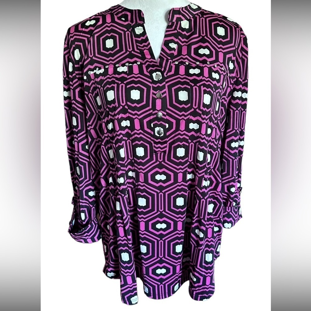 COCOMO XL Pink Black 3/4 sleeve women's Pintuck Blouse top shirt